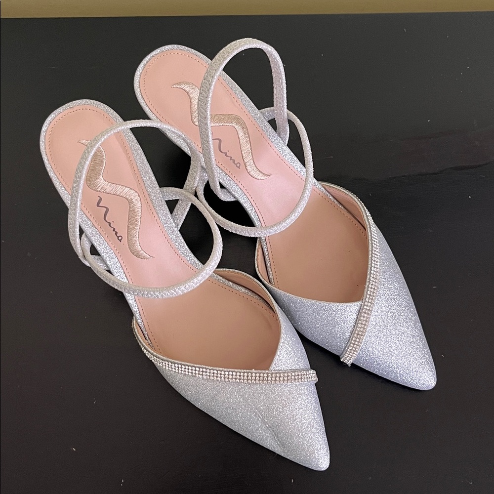 Nina Silver Beckie Glitter Pointed Slingback Heels with Rhinestone Accent